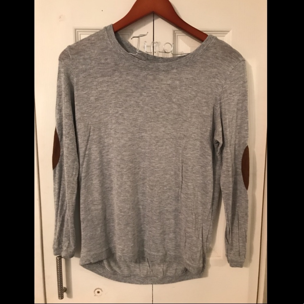 Gray long sleeve top with brown elbow patches