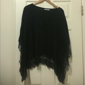 Black Poncho with Lace Trim