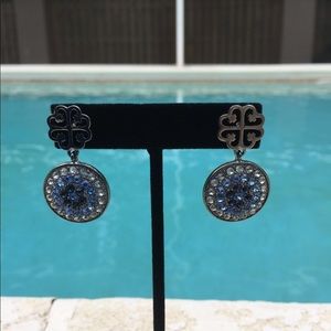 Gunmetal Blue Pave Crystals Button Drop Earrings