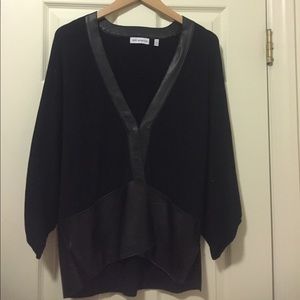 Black Cardigan With Faux Leather trim