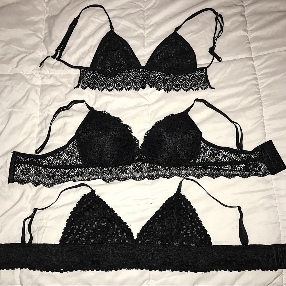 Set of 3 Black Lace Bralettes, Size Large
