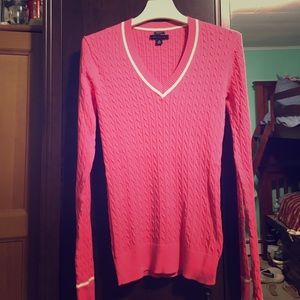 women's pink and white v neck long sleeve top