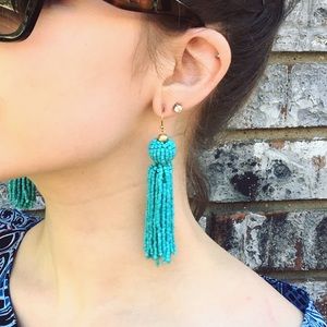 Blue Green Tassel Earrings Beaded Statement