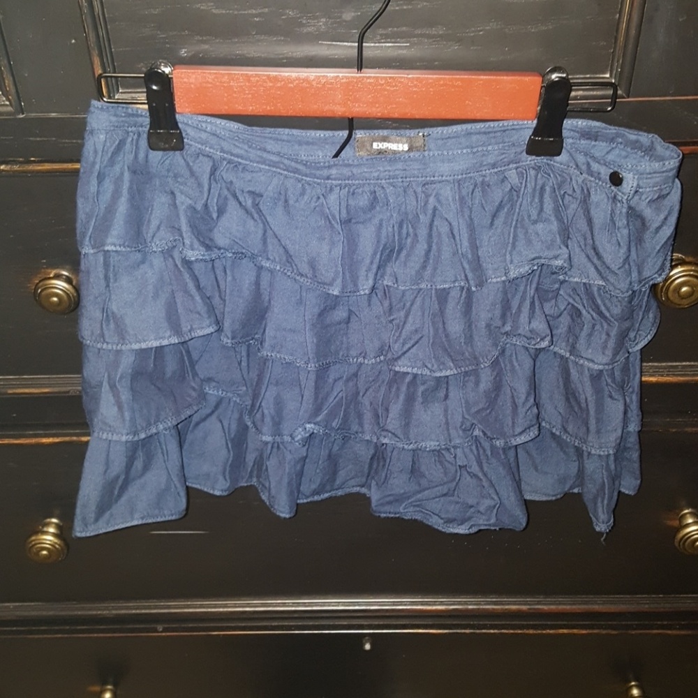 Denim-colored ruffle mini skirt