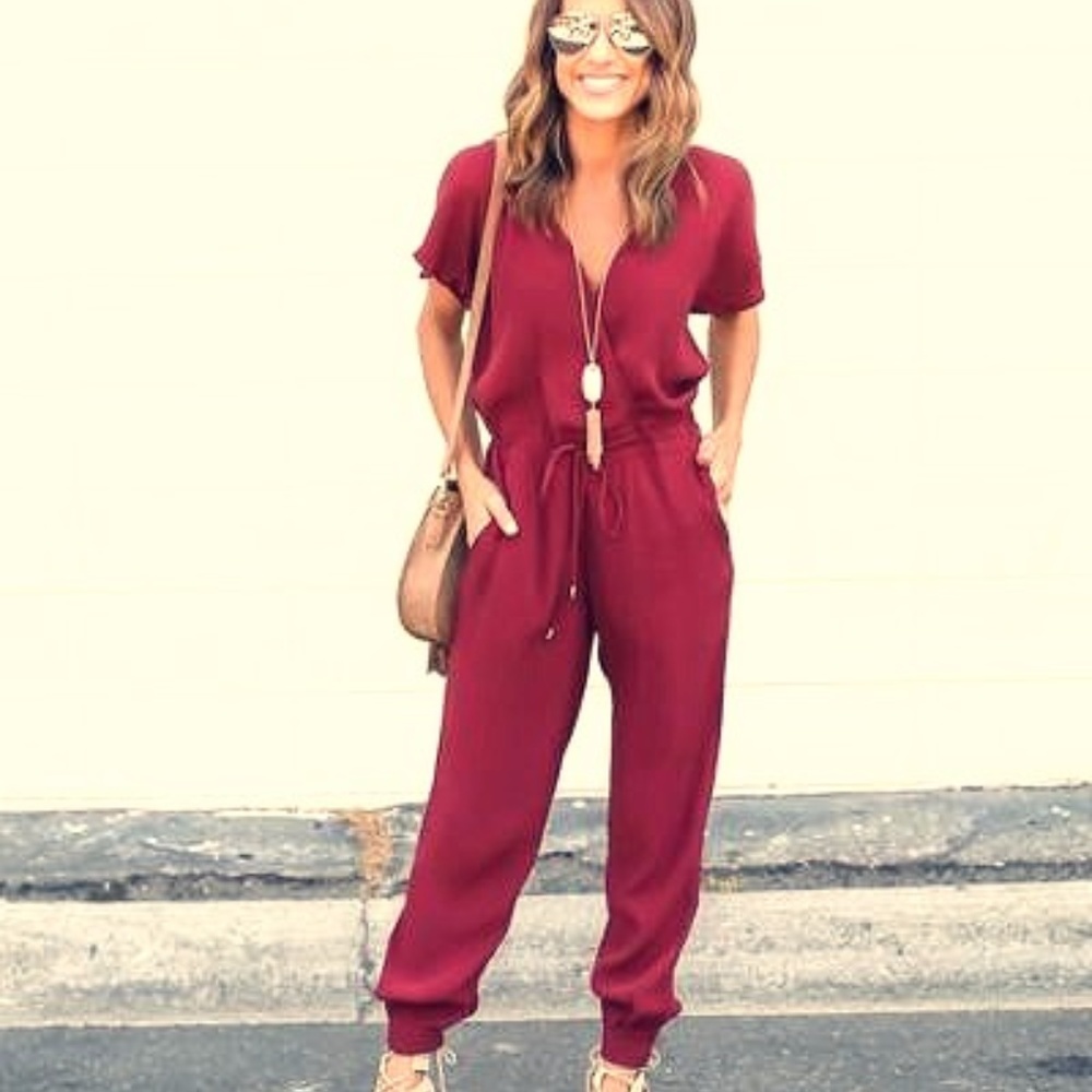 NEW NWT SHEER SHORT SLEEVE RED JUMPSUIT XL