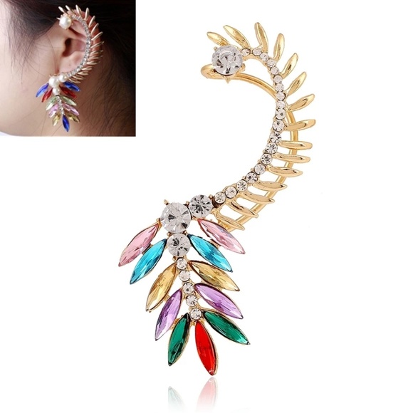 🌈☄Rhinestone Leaf Cuff Earrings Ear Crawlers - Picture 1 of 4