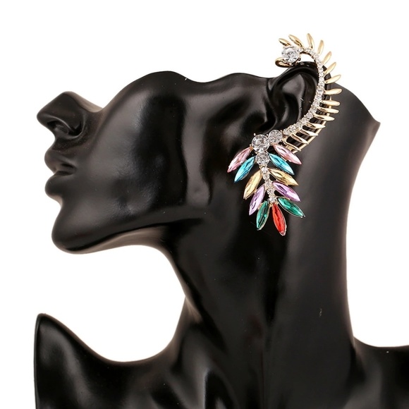 🌈☄Rhinestone Leaf Cuff Earrings Ear Crawlers - Picture 4 of 4