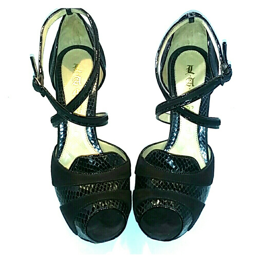 L.A.M.B Chocolate Brown Snake Print Platform Heel