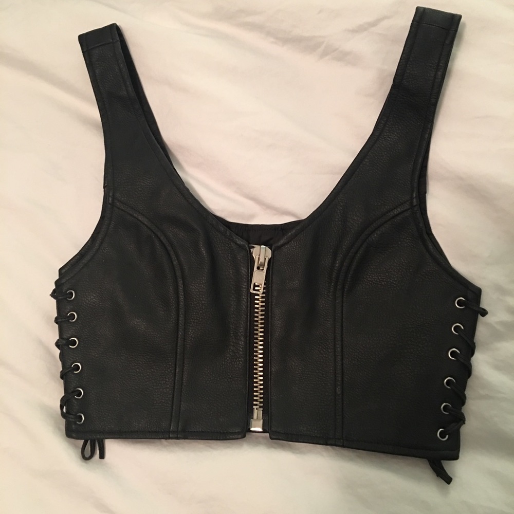 Black unif zip up leather crop top