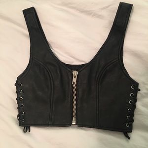 Black unif zip up leather crop top