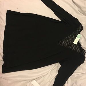 3/4 sleeve black top mesh detail neck