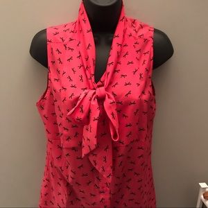 Ann Taylor pink blouse w/ tie at neck, bow pattern