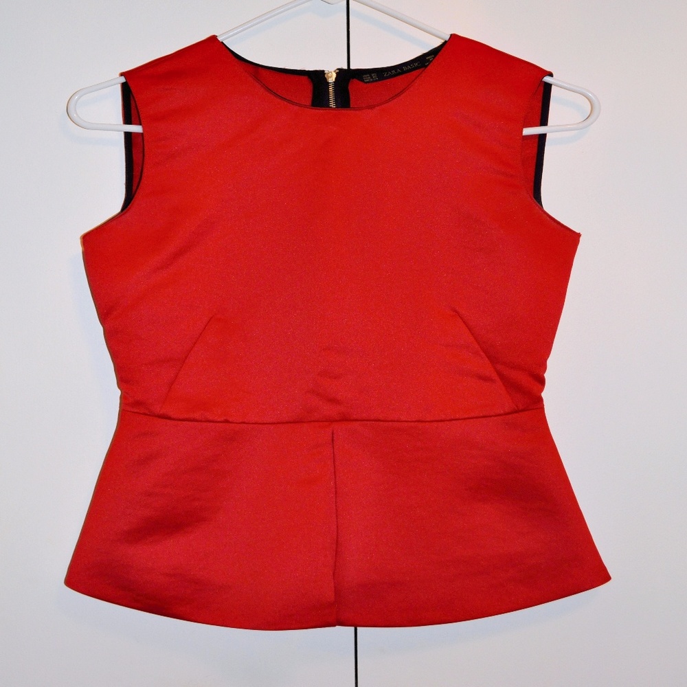 Zara Red Satin Peplum Blouse Top