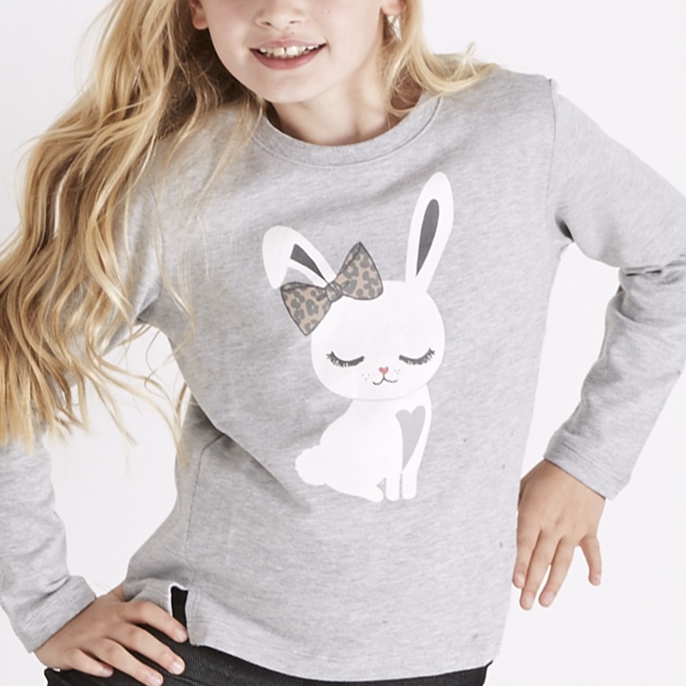 Girls Grey LS  Shirt with Rabbit
