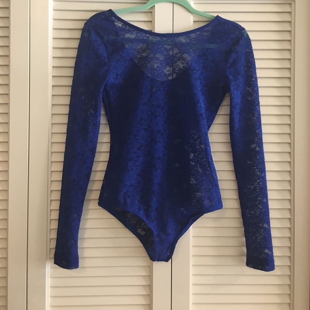 Blue, Long Sleeve Lace Bodysuit.