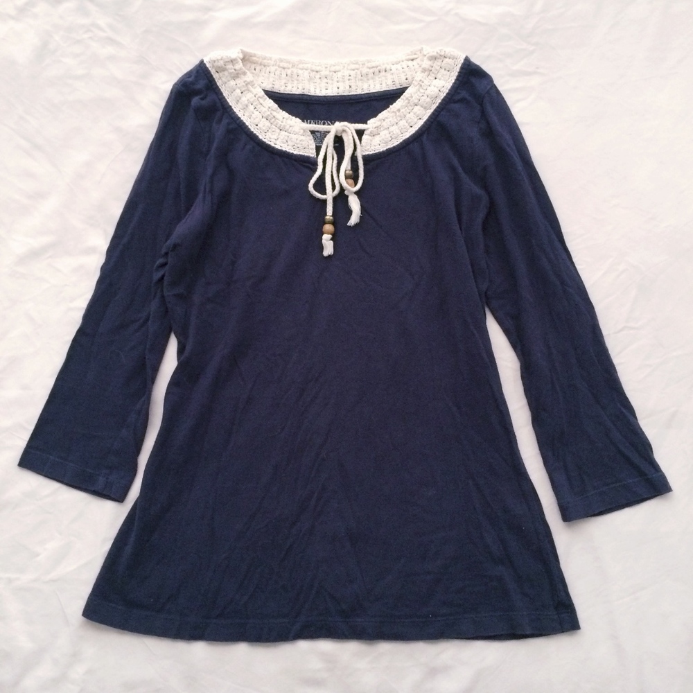 Merona Navy Top with Crochet Tie Neckline XS