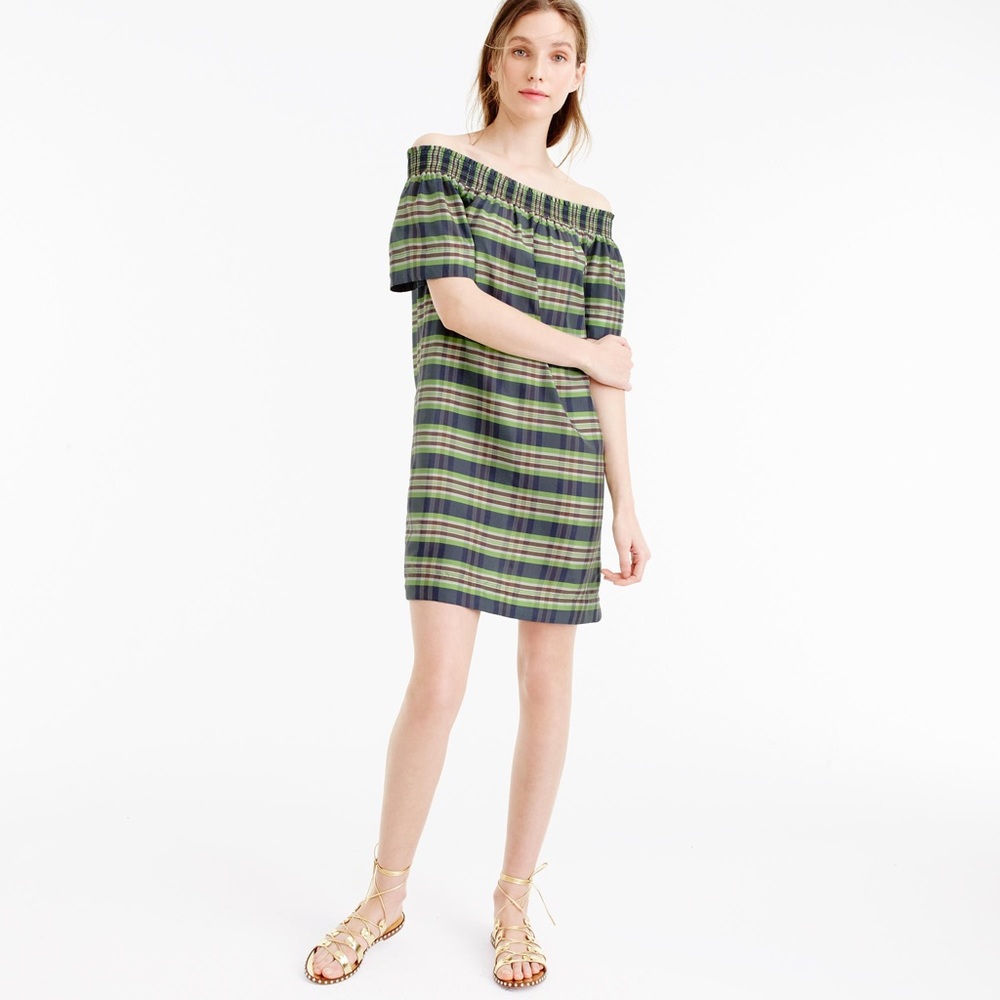 J Crew off shoulder Plaid Dyed Silk Madras Dress