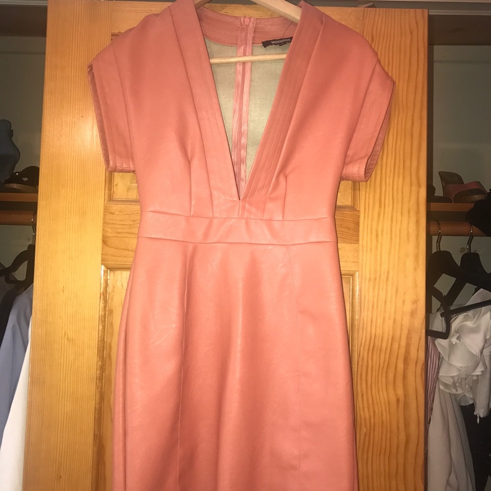 Pretty and Pink V neck faux leather dress!