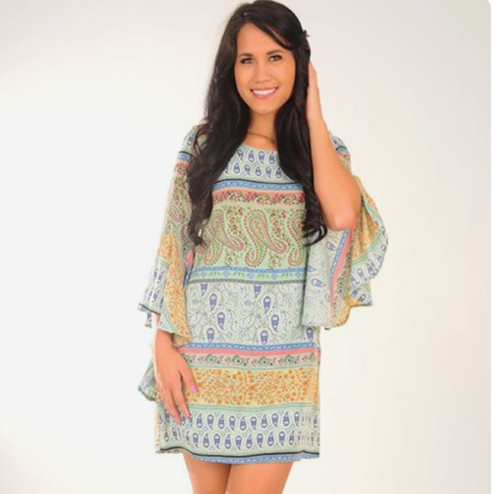 [Sage] Paisley Print Dress with Bell Sleeves
