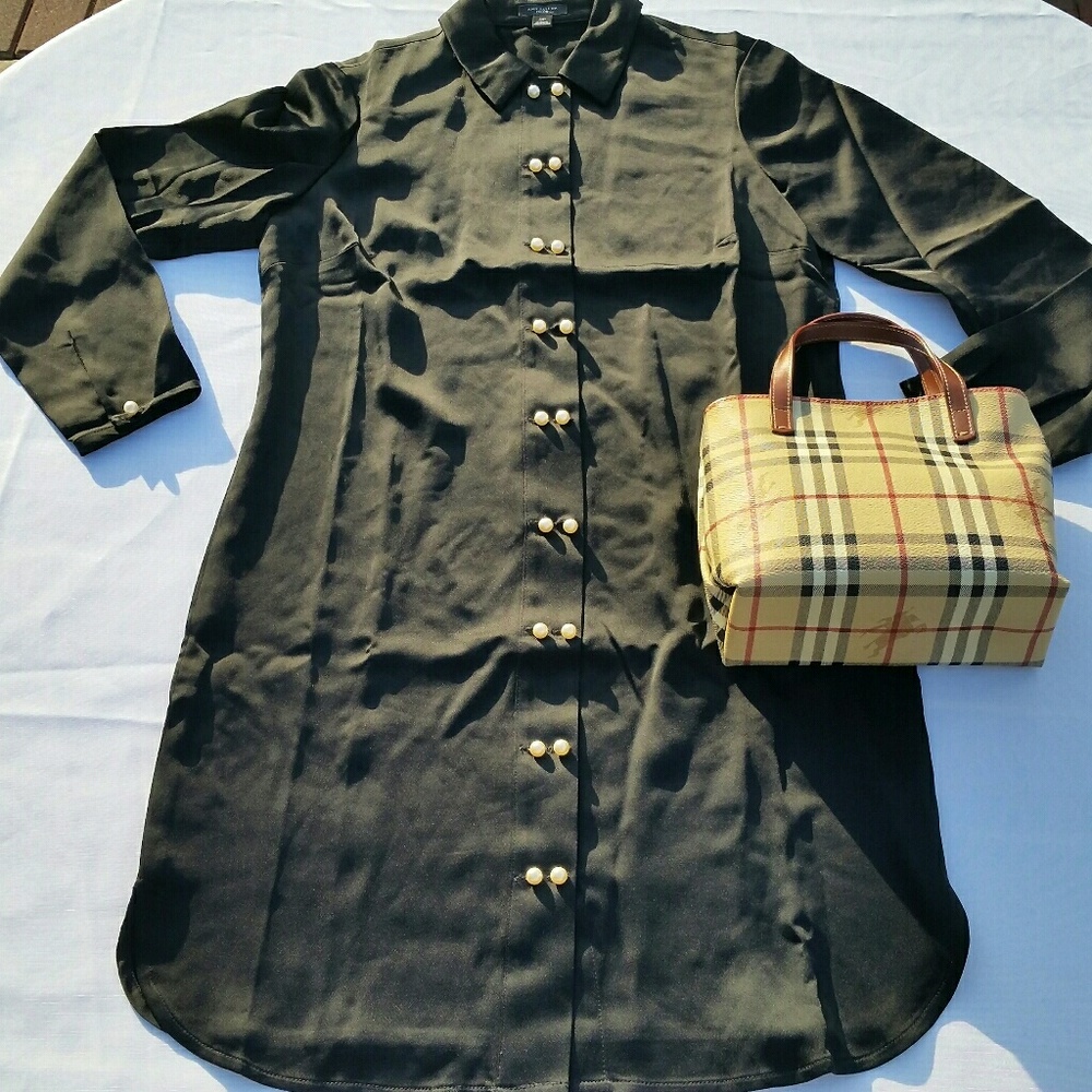 Ann Taylor Black Shirt Dress Pearl Buttons Pet S