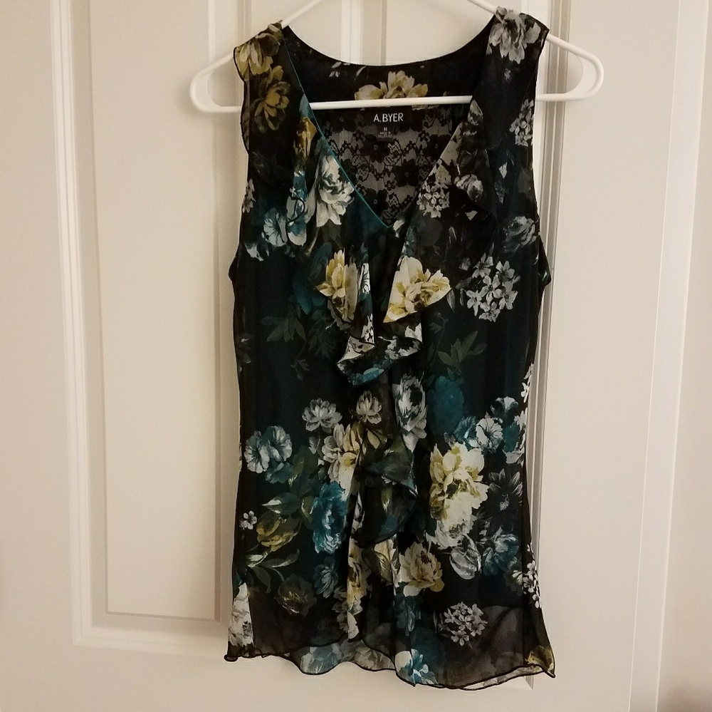 Like New Green Floral Ruffle Blouse