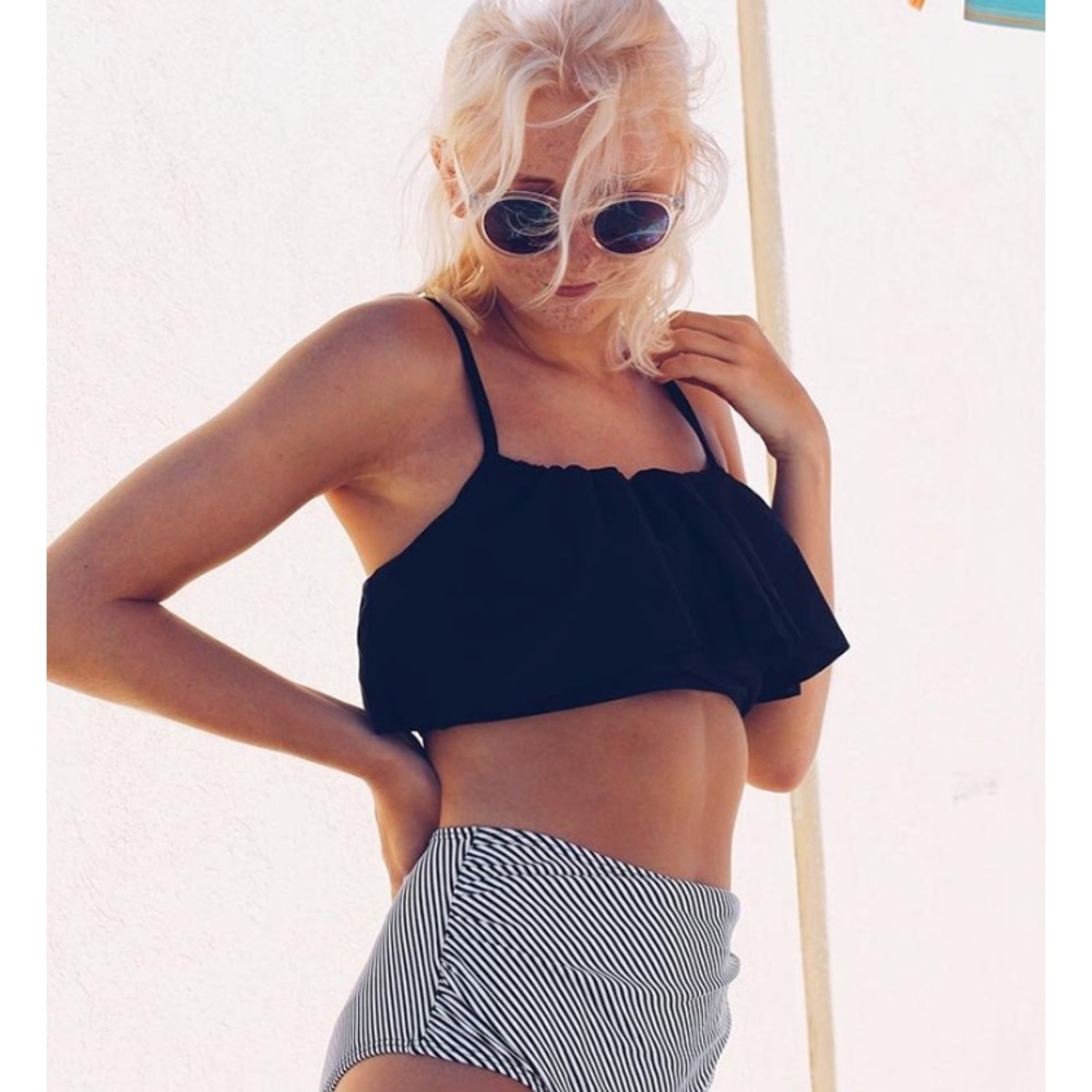 Black and white stripe high waist bikini