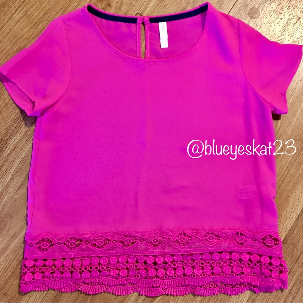 Bright Pink Short-Sleeve Crop Top with Lace Bottom