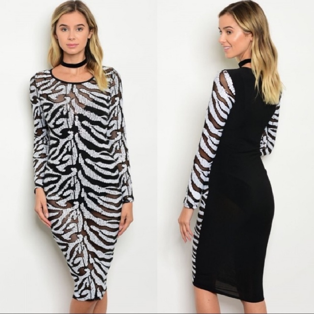 🖤Order Today🖤Sequin Mesh dress White Black Zebra