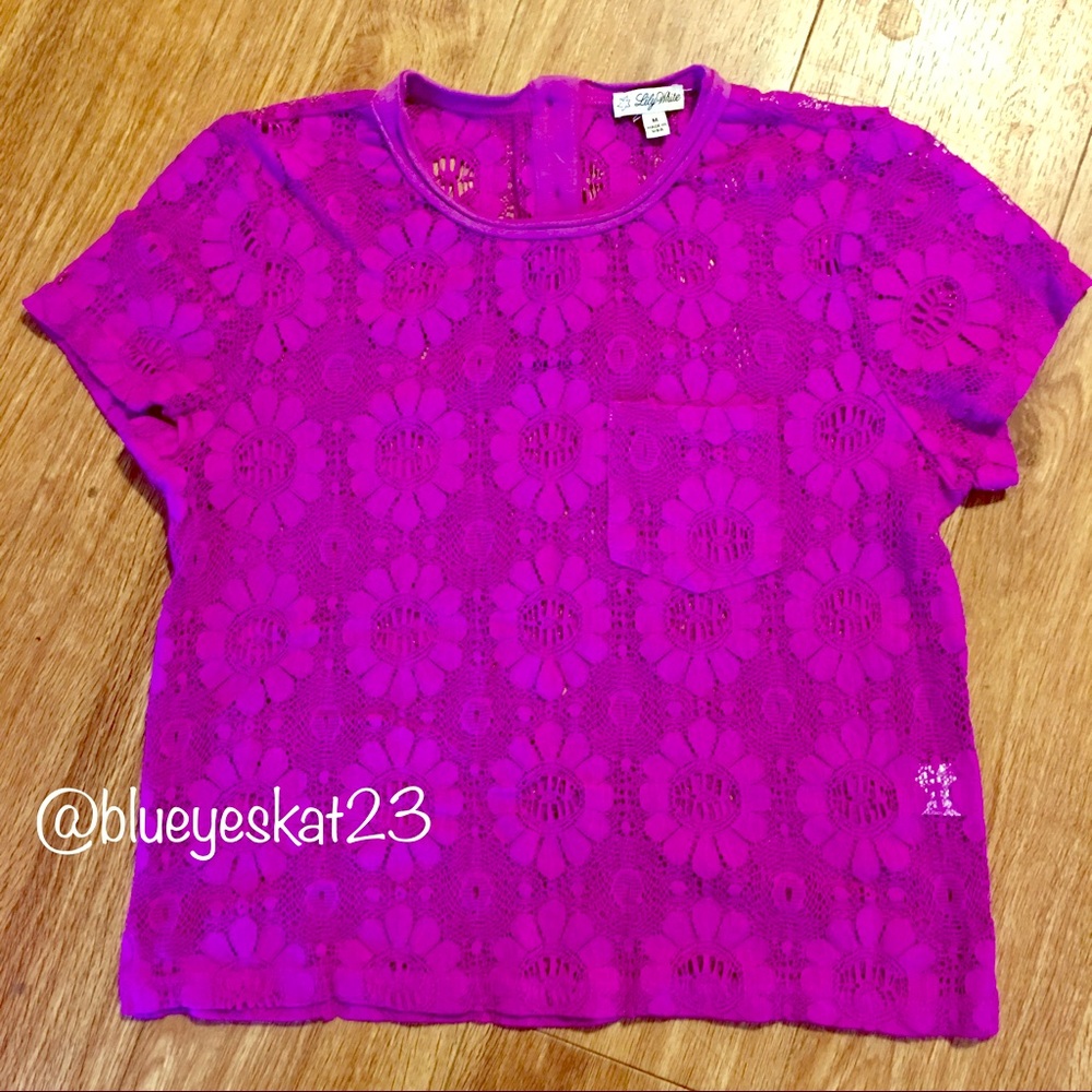 Purple Crochet Lace Short-Sleeve Crop Top