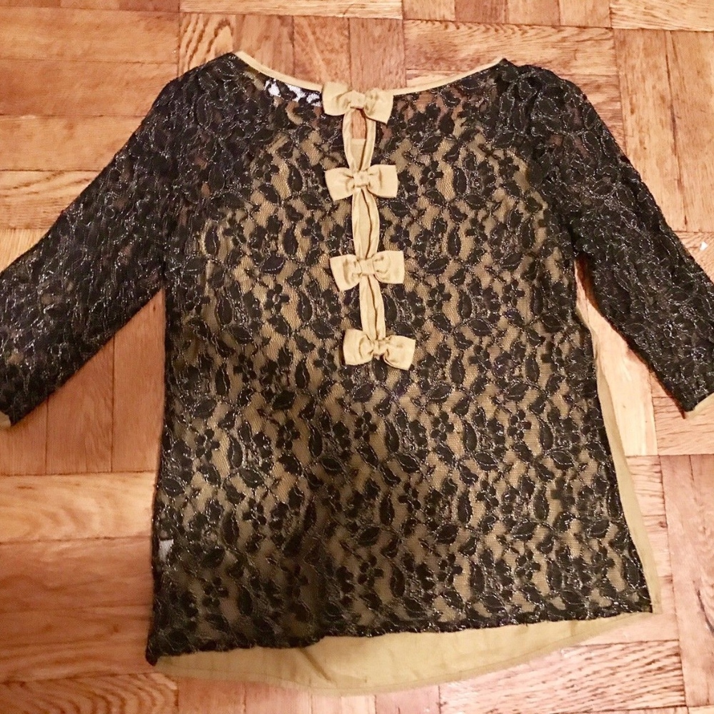 Blue Elephant Gold Black Olive Lace Bow Blouse S