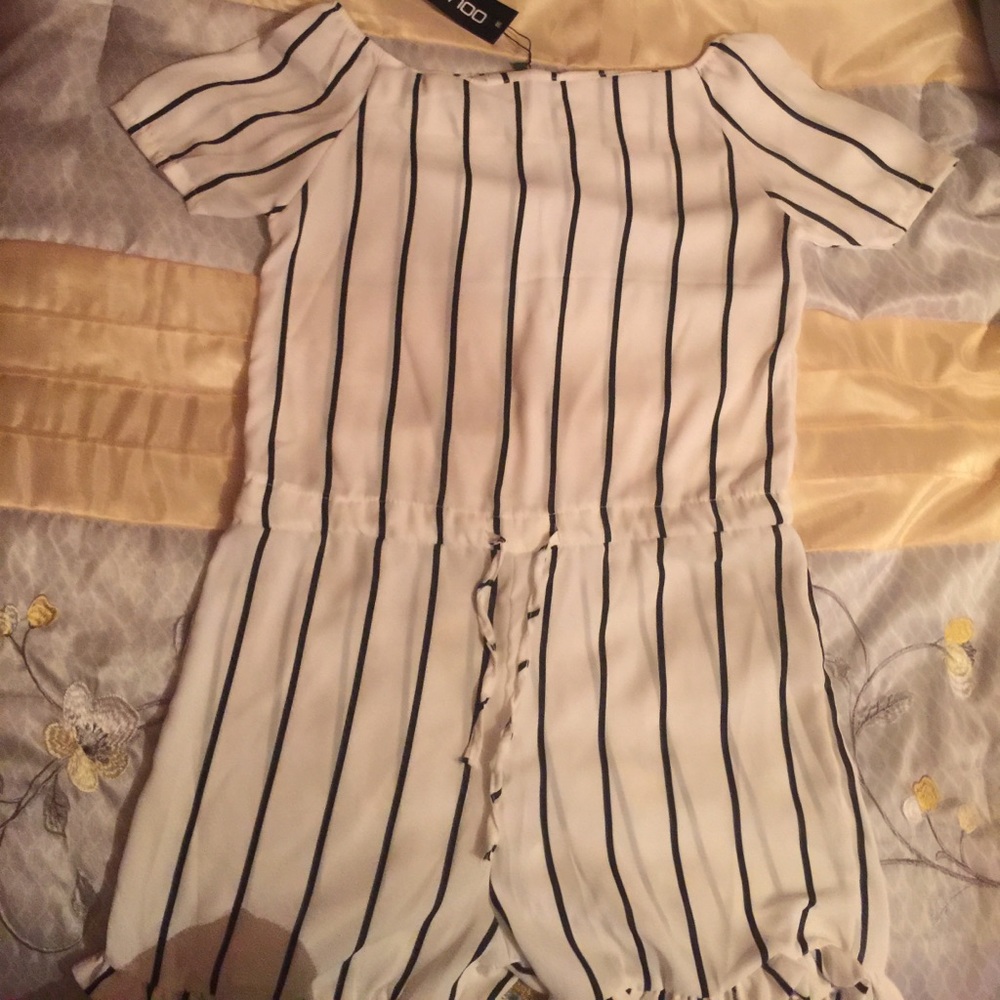 Off the shoulder striped romper!