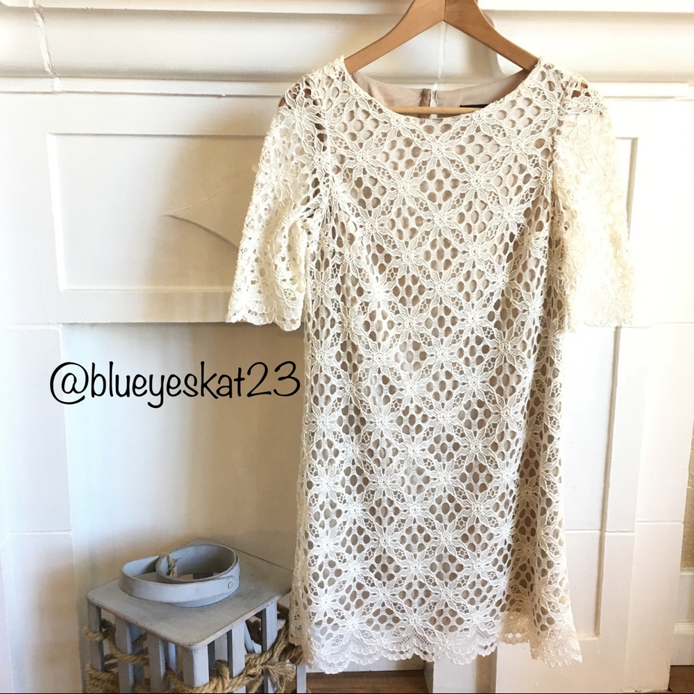 NWOT Cream Crochet Lace Shift Dress w/ 1/2 Sleeves