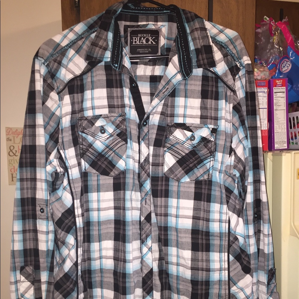 Men's buckle black button up shirt