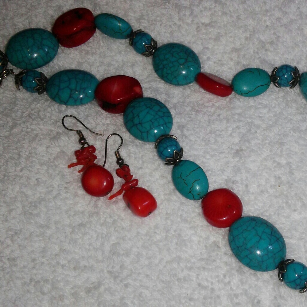 Turquoise and red coral necklace and earring