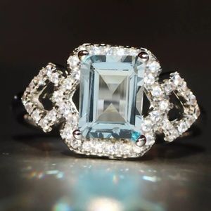 Aqua Emerald Crystal Silver Engagement Ring
