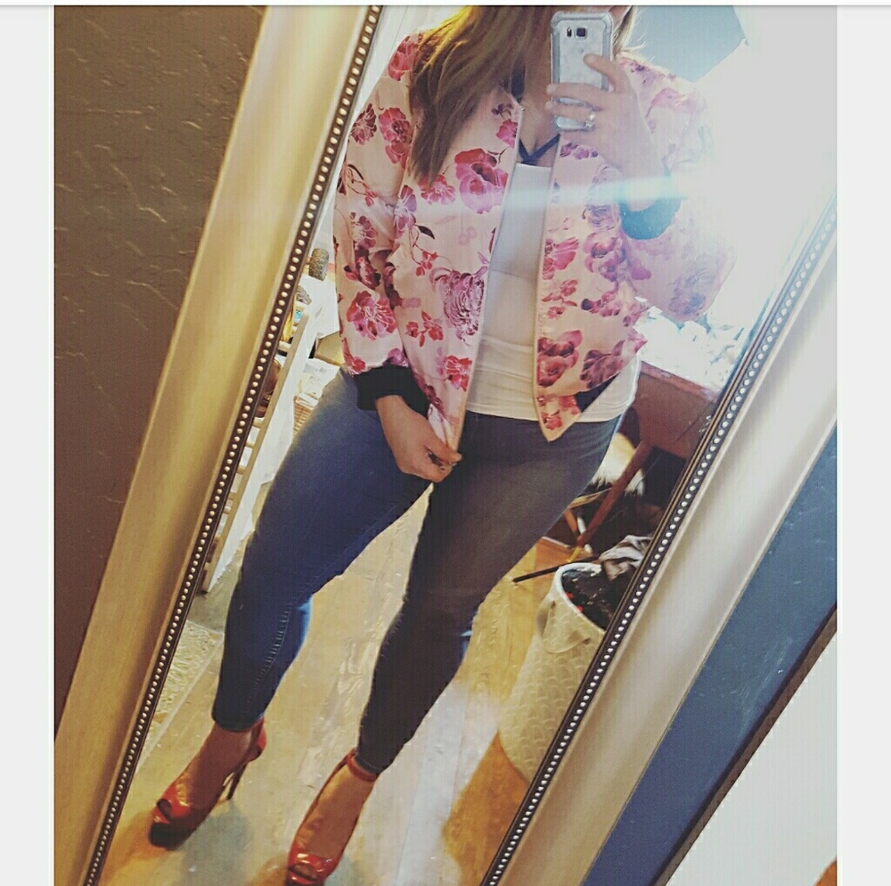 Pink - Plus Size Floral Bomber Jacket