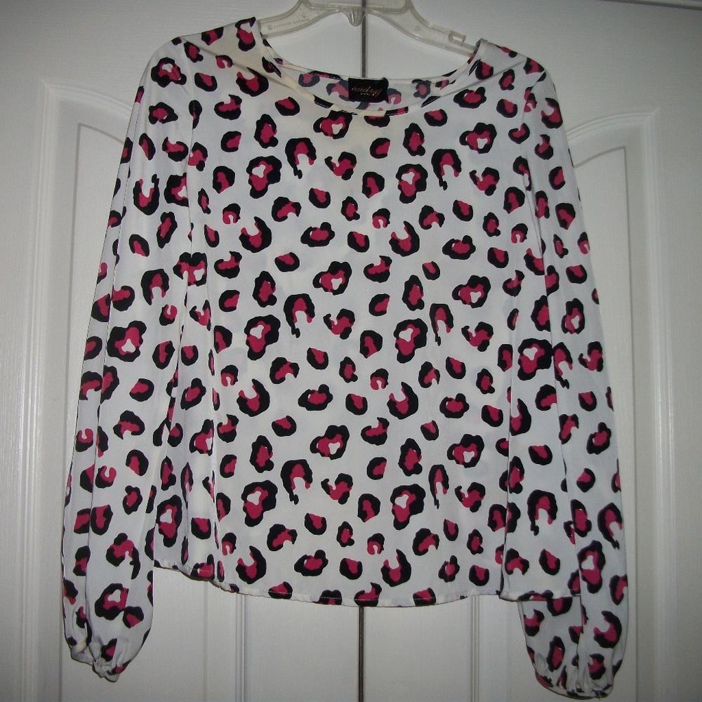 Pink Black White Long Sleeve Cheetah Print Blouse