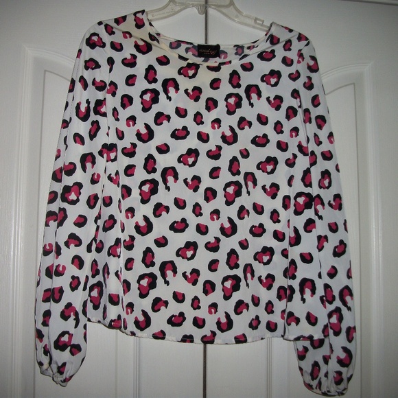 Pink Black White Long Sleeve Cheetah Print Blouse - Picture 1 of 6