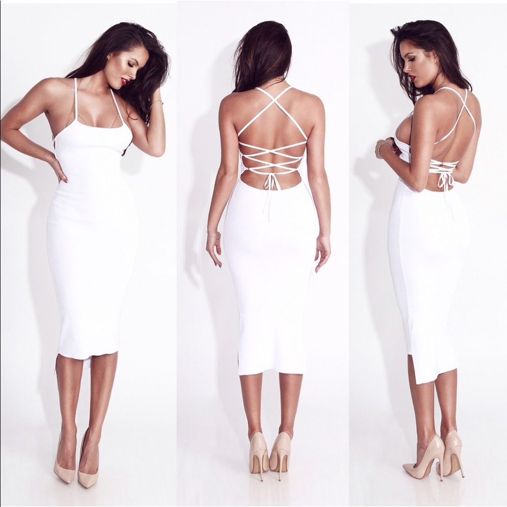 WHITE ROSCOE RIBBED AND TIED DRESS