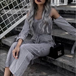 GINGHAM OFF SHOULDER JUMPSUIT
