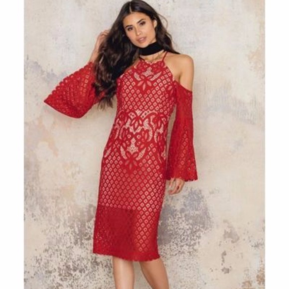 Bardot Dresses & Skirts - BARDOT MILA COLD SHOULDER BELL SLEEVE MIDI DRESS