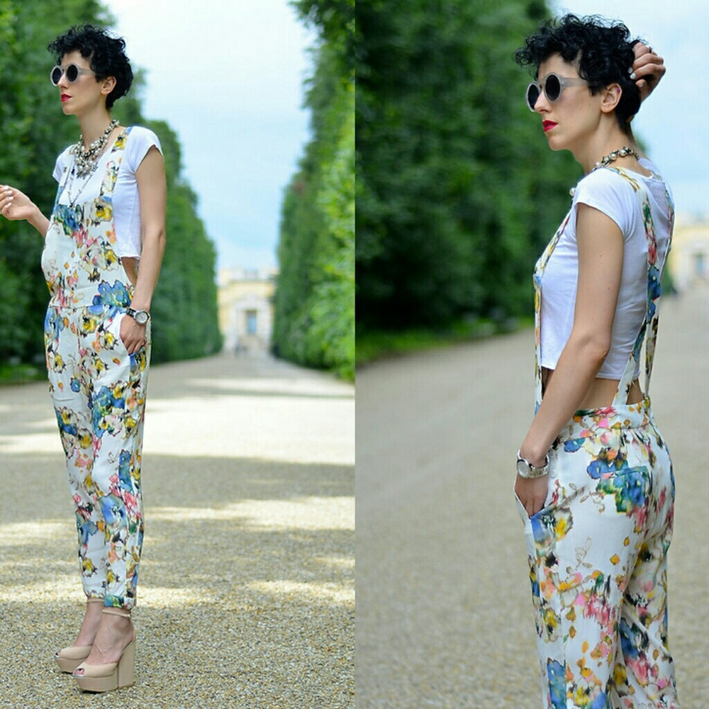 ZARA Floral Watercolor Jumpsuit Overalls  L