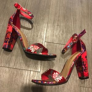 RED SATIN FLORAL ANKLE STRAP HEELS 👠