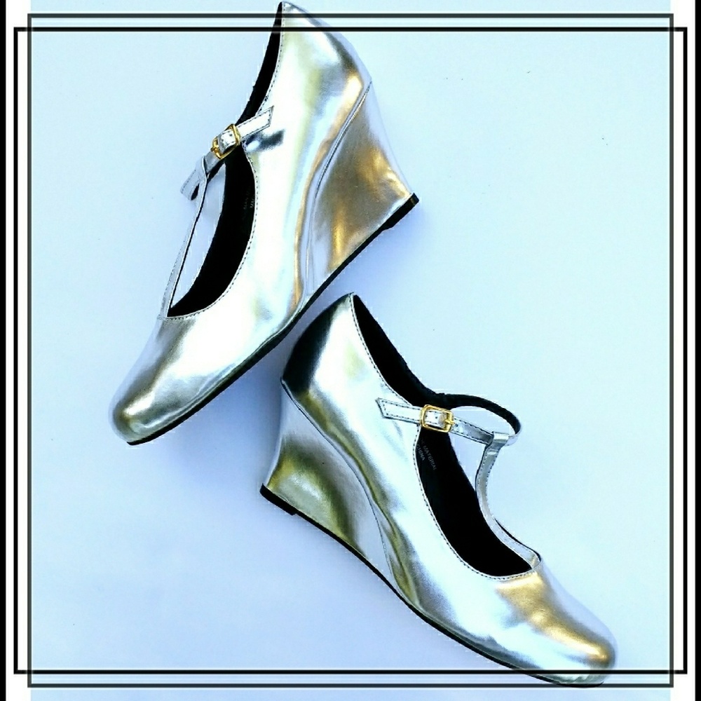 Silver T-strap Wedges