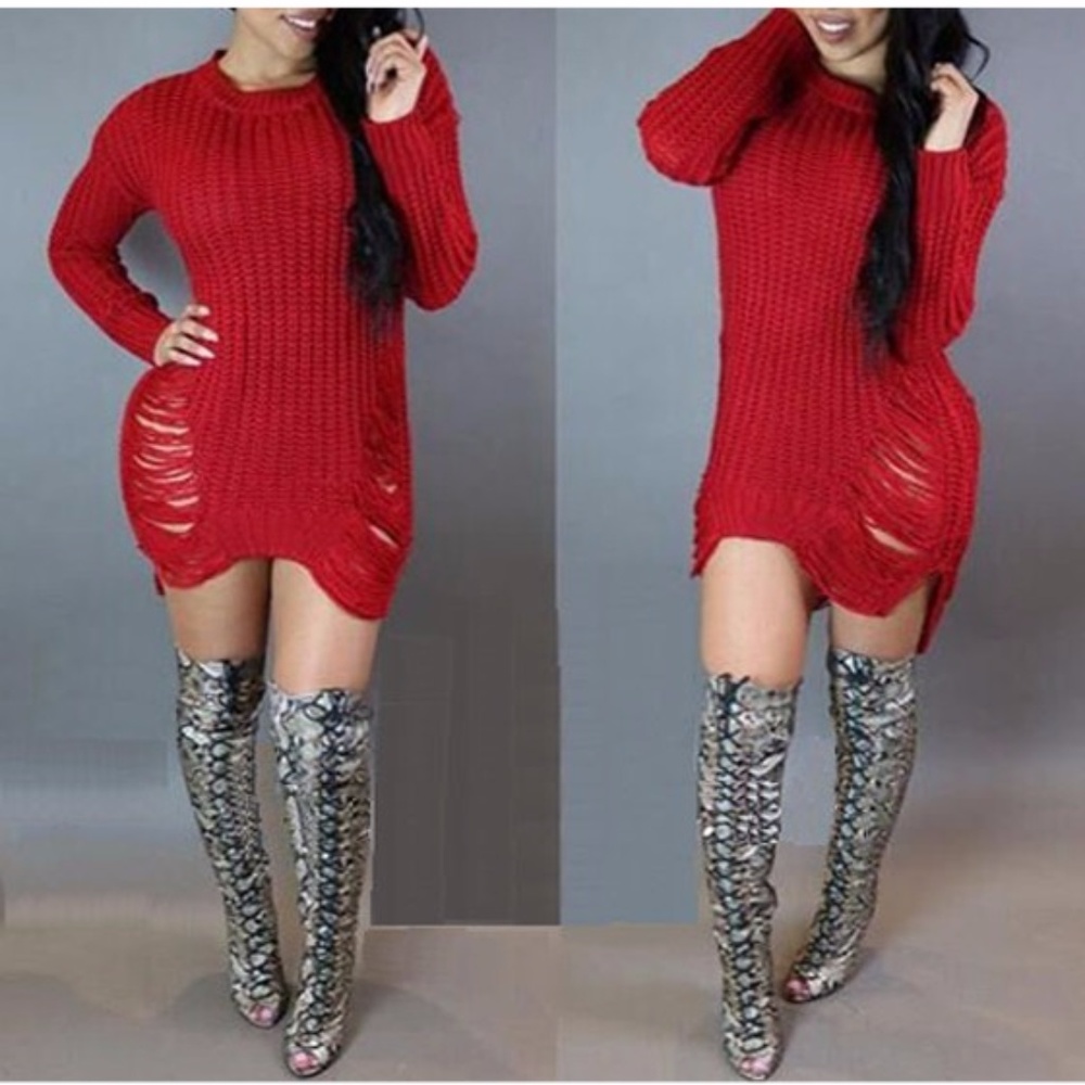RED DESTROYED TUNIC SWEATER - Picture 1 of 8