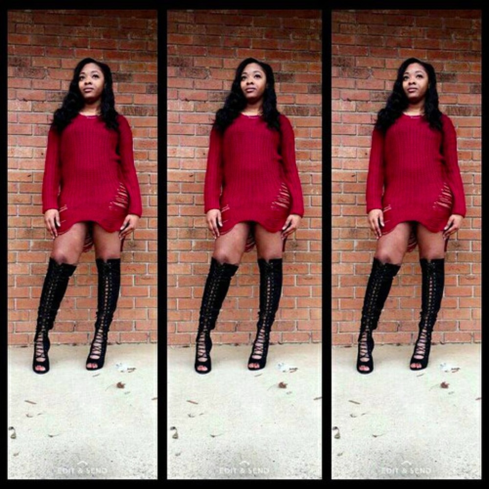 RED DESTROYED TUNIC SWEATER - Picture 6 of 8