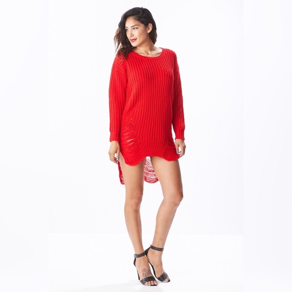 RED DESTROYED TUNIC SWEATER - Picture 2 of 8