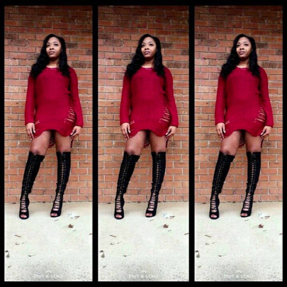 RED DESTROYED TUNIC SWEATER - Picture 6 of 8