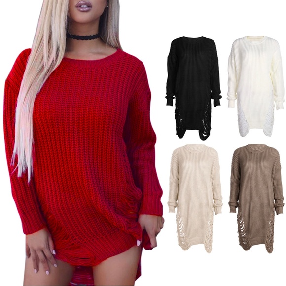 RED DESTROYED TUNIC SWEATER - Picture 5 of 8