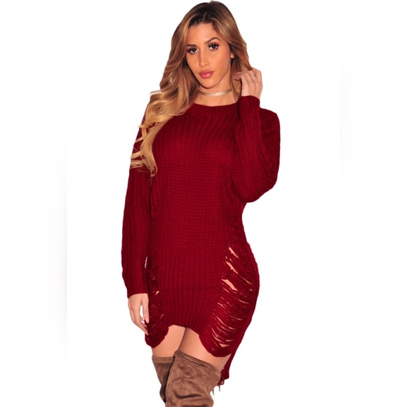 RED DESTROYED TUNIC SWEATER - Picture 7 of 8